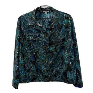 Hartfield Design Women's Blue Sequined Button Up Paisley Long Sleeve Top Size 2X